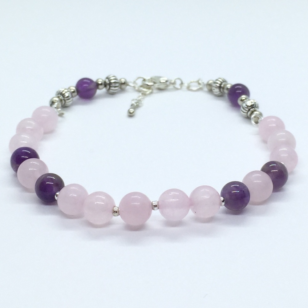Beautiful Rose Quartz and Amethyst Silver Bracelet